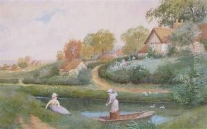 Women Punting On A River by Robert Hollands Walker