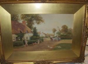 Figures And Livestock By Thatched Cottages At Princethorp, Warwick by Robert Hollands Walker