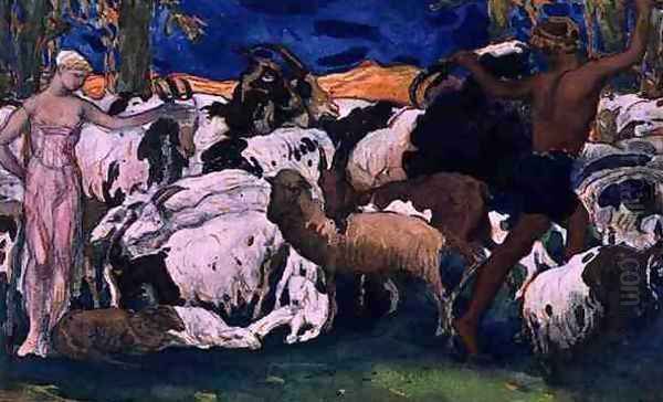 Daphnis and Chloe Bidding Each other Goodnight, design for a decorative panel, from Daphnis and Chloe, c.1912 by Leon Samoilovitch Bakst