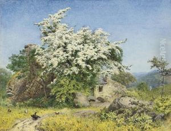 Springtime, A Ruined Cottage With A Tree In Blossom - view 1