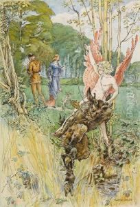 Cupid And Pan Entwining Lovers by William Henry Walker