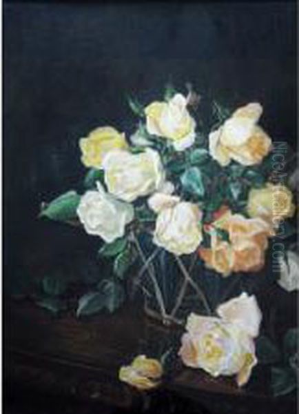 A Bowl Of Yellow Roses On A Shelf - view 1