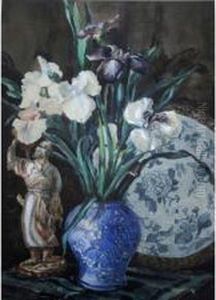 A Vase Of Irises With A Chinese Plate And Figurine A Vase Of Irises With A Chinese Plate And Figurine
