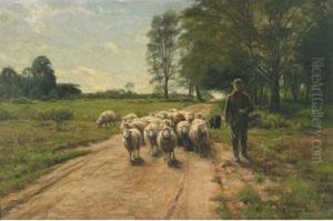 Farmer Leading His Flock On A Sunlit Lane by Alfred Bryan Wall