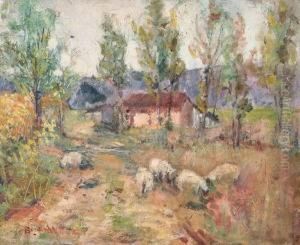 Sheep Grazing With Building In Background by Bryan A. Wall