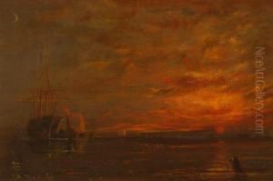 New Bedford Fish Pier At Sunset. Signed Lower Left W.a.w. by William Allen Wall