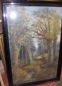 Figures By A Stream In A Forest, Signed Oil On Board by James Wallace