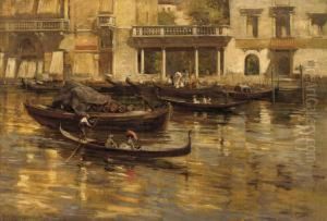 Gondoliers And Elegant Figures In Front Of The Hotel Milan,venice