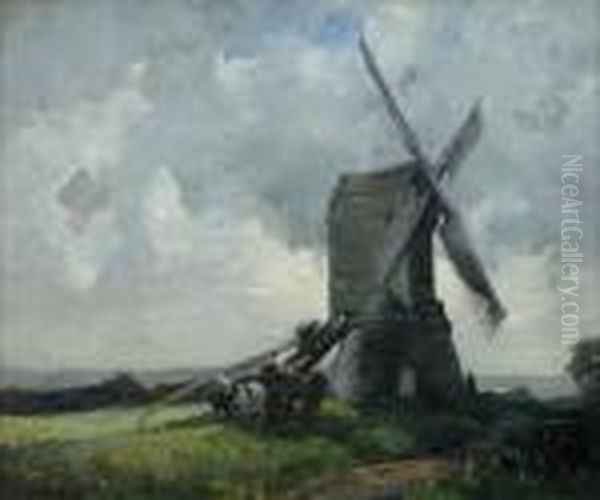 Cart By A Windmill At Sunset - view 1
