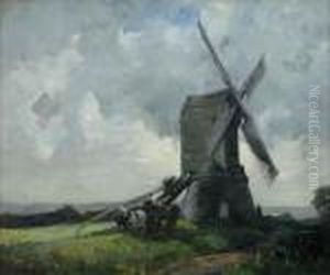 Cart By A Windmill At Sunset by James Wallace