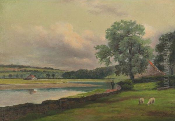 River Landscape With Wayfarer And Sheep - view 1