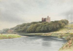 Sheep Grazing By A River; Hilltop With Castle Ruins Sheep Grazing By A River; Hilltop With Castle Ruins