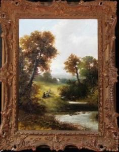 Three Figures On A Grassy Bank By A River