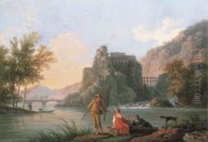 A River Landscape With Fishermen By The Bank by Pierre Joseph Wallaert