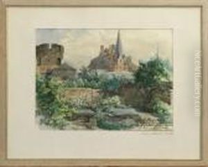 Tillskriven, Stadsbild Med Ringmur Och Ruin, Akvarell, 22x29;med Konstnarsintyg by Josef Wilhelm Wallander