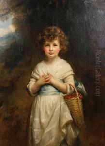 Portrait Of Moira Goff As A Child, Standing Ina Landscape Holding A Basket Of Cherries by Mary Lemon Waller