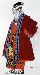Costume design for an old man in a red coat