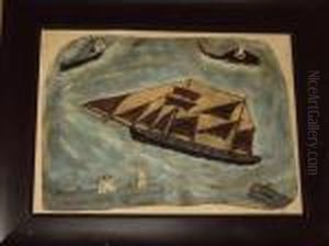 Ships In A Harbour By A Lighthouse, Together With Another Similar by Alfred Wallis