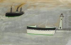 Steamer, Lifeboat And Lighthouse by Alfred Wallis