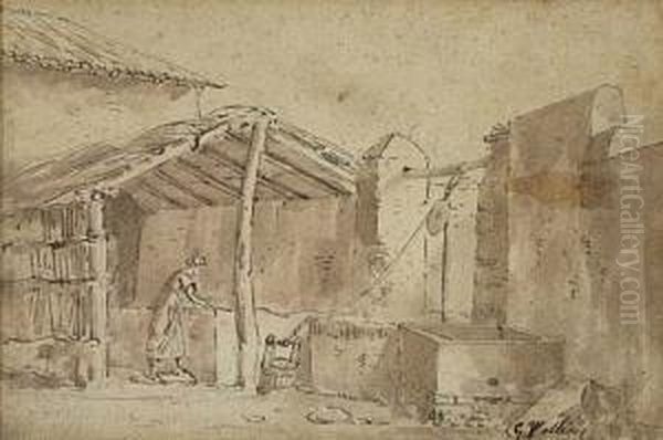 View Of A Farmhouse With A Woman At A Well - view 1
