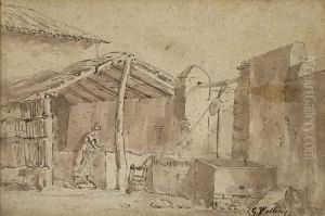 View Of A Farmhouse With A Woman At A Well by George Augustus Wallis