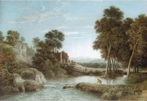 Figures On A Path Near A Ruined Castle; A Boy Fishing On A River; Figures Fishing On A River In A Wooded Landscape With A Castle Beyond; Cattle Watering In A River