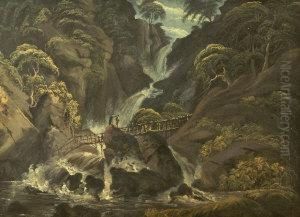 Figures Crossing A Bridge Below A Waterfall by Thomas Walmsley