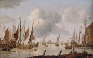 Dutch Shipping Off An Estuary With A Threemaster by Isaac Walraven
