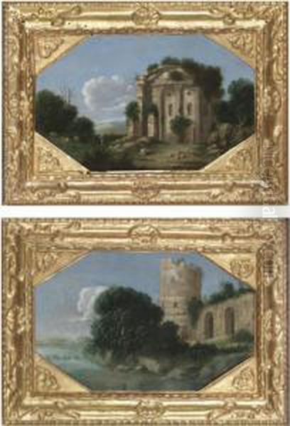 An Italianate Landscape With A Ruined Roman Wall And Tower, And A River With An Overhanging Tree;
An Italianate Landscape With A Shepherd And Animals By A Ruined Roman Circular Temple - view 1
