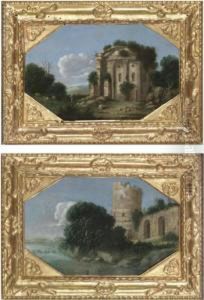 An Italianate Landscape With A Ruined Roman Wall And Tower, And A River With An Overhanging Tree;
An Italianate Landscape With A Shepherd And Animals By A Ruined Roman Circular Temple by Goffredo, Gottfried Wals