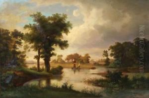 River Landscape With Sailboats And Cottages