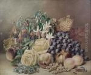Still Life With Fuchsias,roses, Grapes, Peaches And Berries