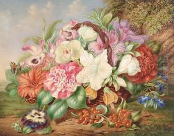 Still Life Of Flowers And A Butterfly In A Basket - view 1
