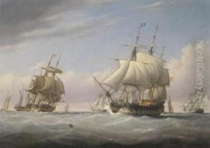 Bristol A Two Deck Man-o'war At Sea With Other Ships by Joseph Walter