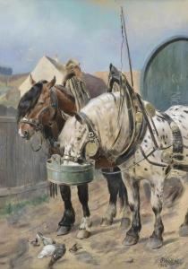 Horses, Pigeons, And Sparrows In A Backyard