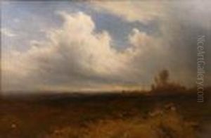 A Landscape With A Shepherd Driving Sheep Along A Path And A Mounted Figure by Alfred Walter Williams