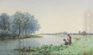 Children Fishing From Riverbank
