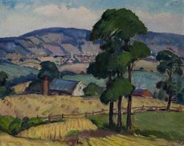 Landscape Scene With Houses And Barn In The Foreground With A Small City In The Background - view 1