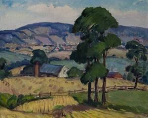 Landscape Scene With Houses And Barn In The Foreground With A Small City In The Background Landscape Scene With Houses And Barn In The Foreground With A Small City In The Background