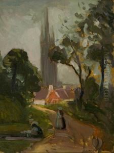 Scene Of A Cathedral And House With Figures In The Foreground Scene Of A Cathedral And House With Figures In The Foreground