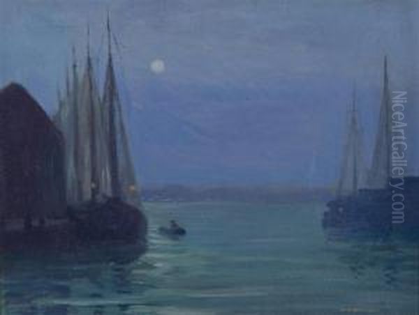 Nightime Scene Of Sailboats In A Harbor - view 1