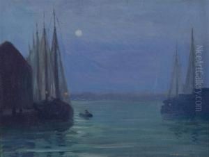Nightime Scene Of Sailboats In A Harbor by Charles H. Walthers