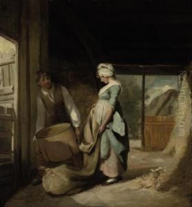 Two Peasants Conversing In A Barn Interior