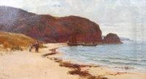 Facing Pair Of Beach Scenes With Cocklepickers And Fishing Boats Landing The Catch by Richard Wane