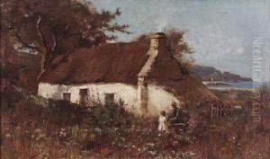A Thatched Fisherman's Cottage With Old Man And Child In The Garden, Indistinctly Signed by Richard Wane