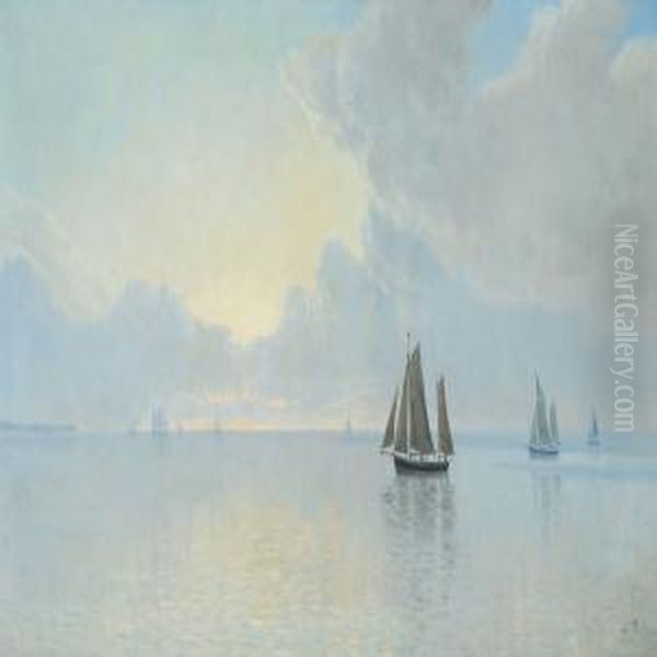 Scenery From Horsens Inlet With Ships At Sea, On A Quietday - view 1