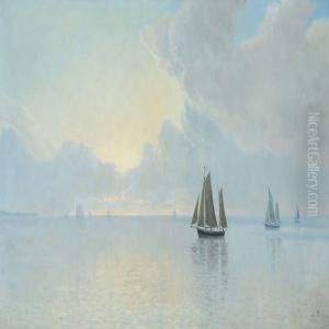 Scenery From Horsens Inlet With Ships At Sea, On A Quietday by Albert Edward Wang