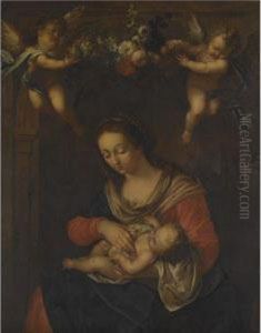 Madonna And Child With Putti Holding A Flower Garland by Jan Baptiste Wans