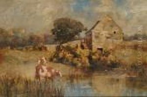Cattle Watering By A Mill by Samuel Warburton