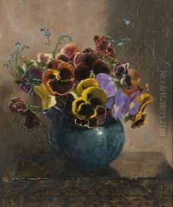 Still Life Of Pansies In Blue Vase